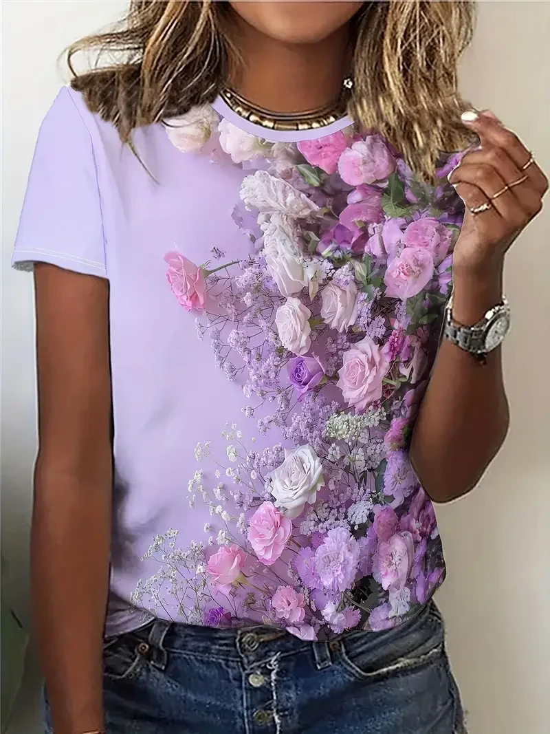 

Женская футболка с фиолетовым цветочным принтом, летняя повседневная футболка с круглым вырезом и короткими рукавами, модные уличные женские футболки большого размера