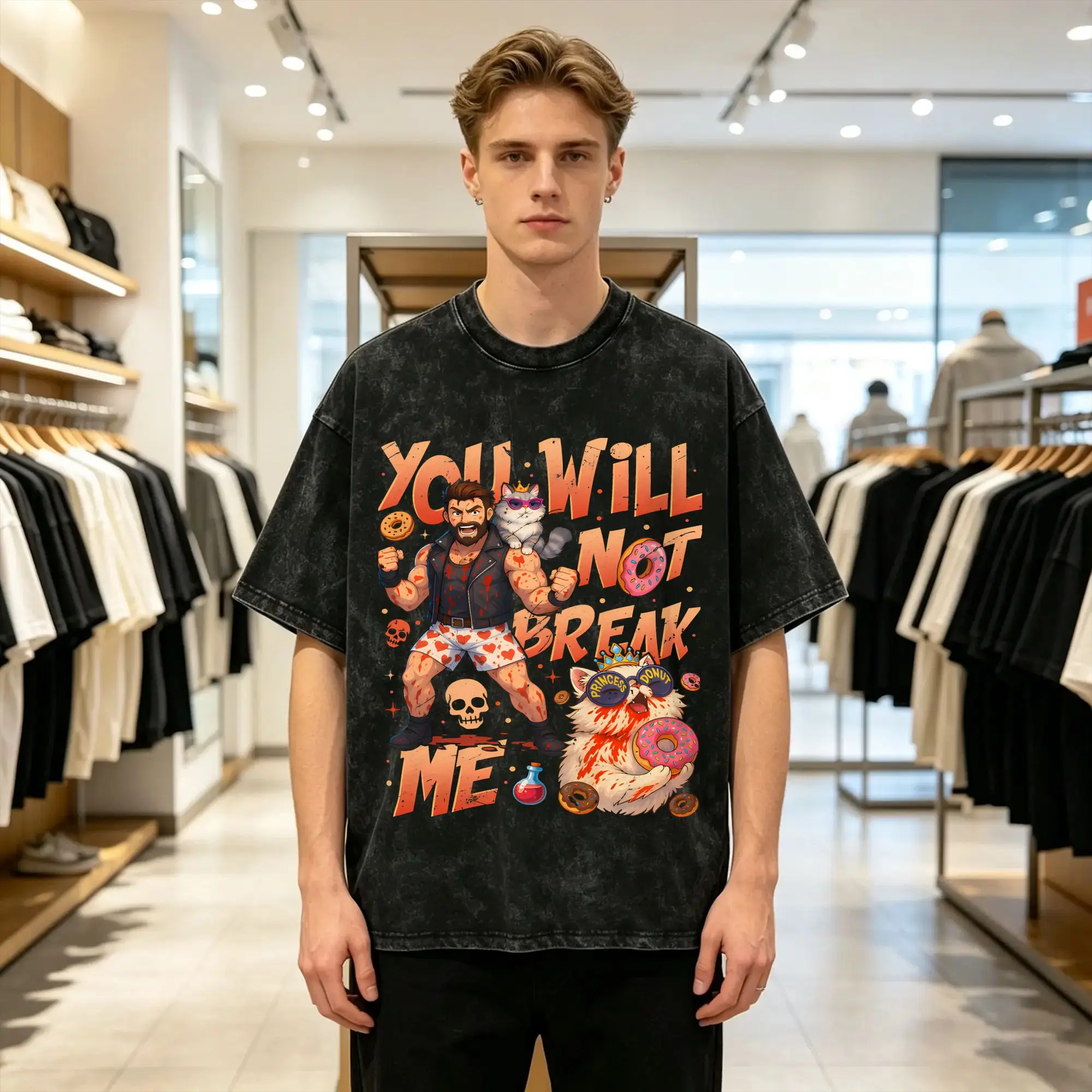 You Will Not Break Me Men's T Shirt Washed Dungeon Crawler Carl  Humorous Short Sleeve Crew Neck T-Shirts Cotton Summer Clothing