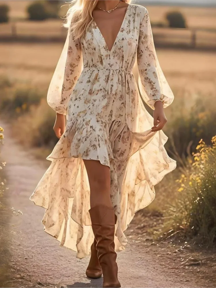 تنورة نسائية جديدة بتصميم بوهيمي وياقة على شكل V وخصر مطاطي عالي وحافة غير منتظمة متعددة الطبقات، فستان طويل بأسلوب البريري الأنيق للحفلات والشاطئ