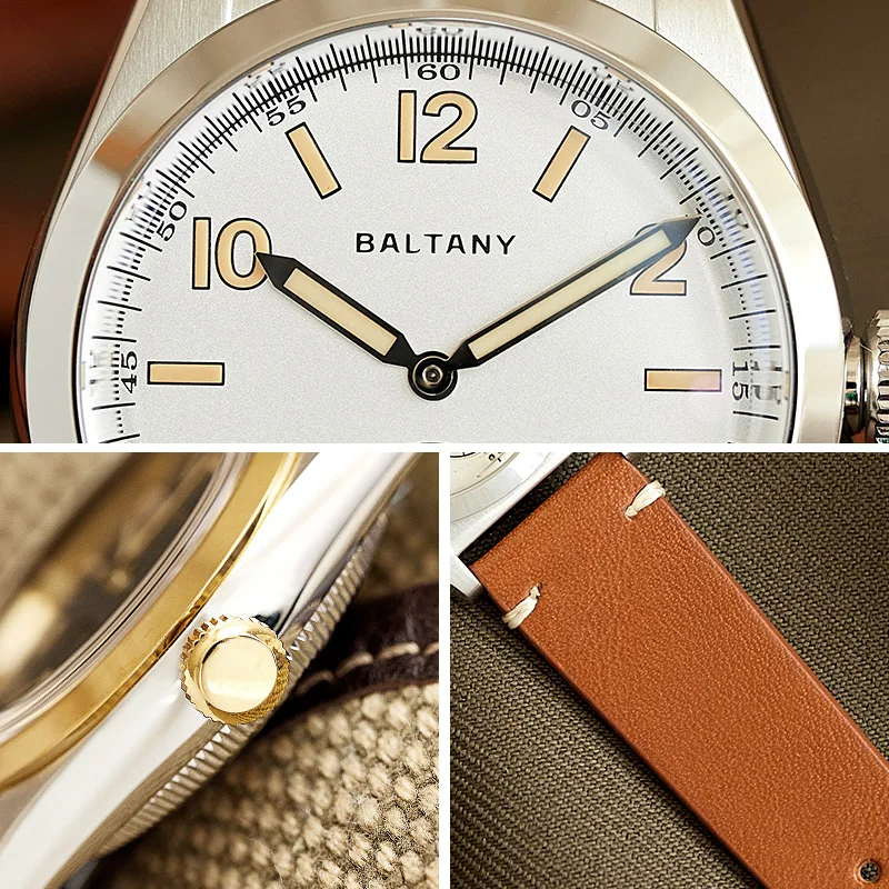 Baltany 버블 백 원피스 시계, 서브 다이얼 IPG 베젤 가죽 골드 핸드 사파이어 크리스탈 스테인레스 스틸, VD78 쿼츠 손목시계