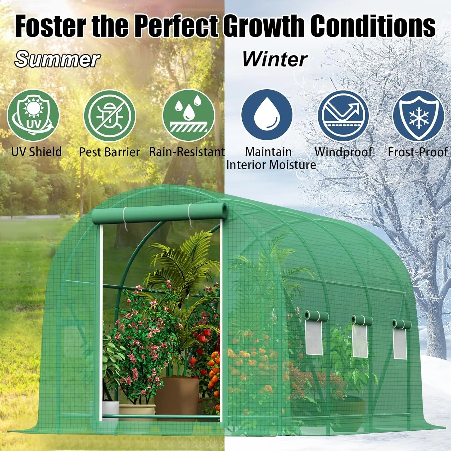 Grezone Walk-in Greenhouse Upgraded Green House with Dual Zippered Screen Doors & 6 Screen Windows Heavy Duty Plastic Plant Warm