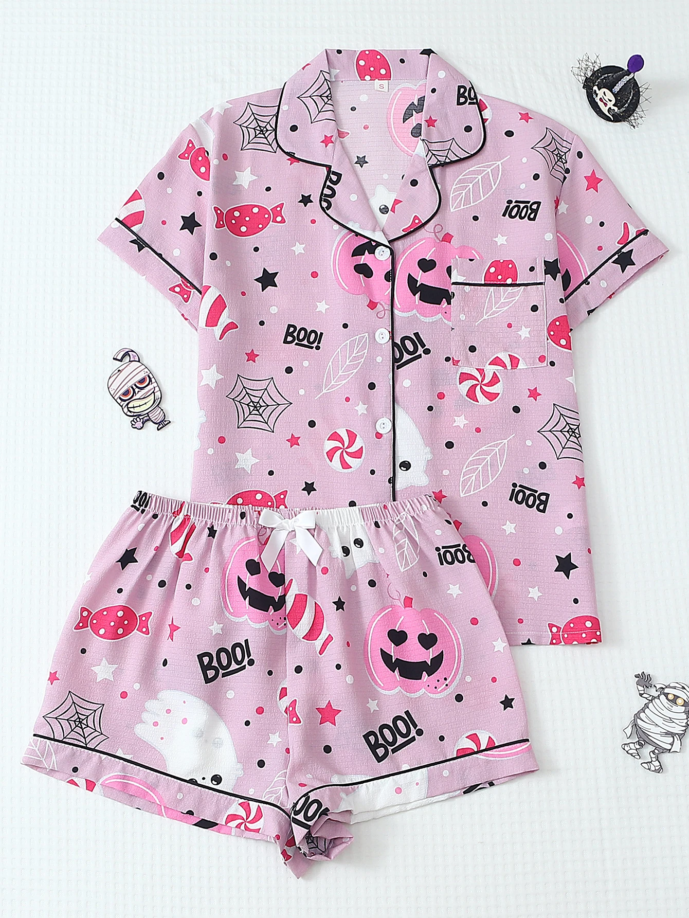 2-piece set of funny and quirky Halloween candy party print spring/summer short-sleeve collared top with trim and bow shorts women's pajama set home wear suitable for Halloween