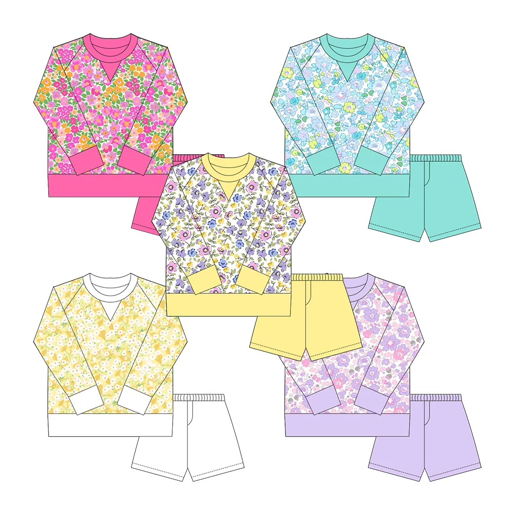 Fashion Boutique Floral Print Toddler Girls Clothes Long Sleeve Shorts Girls Set Sister Clothes