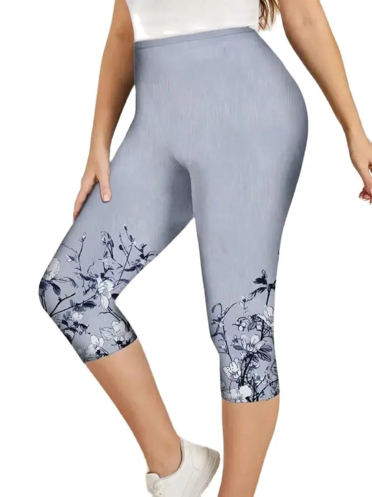 Floral floral print elastic elastic waist tight casual leggings slim cropped pants for women