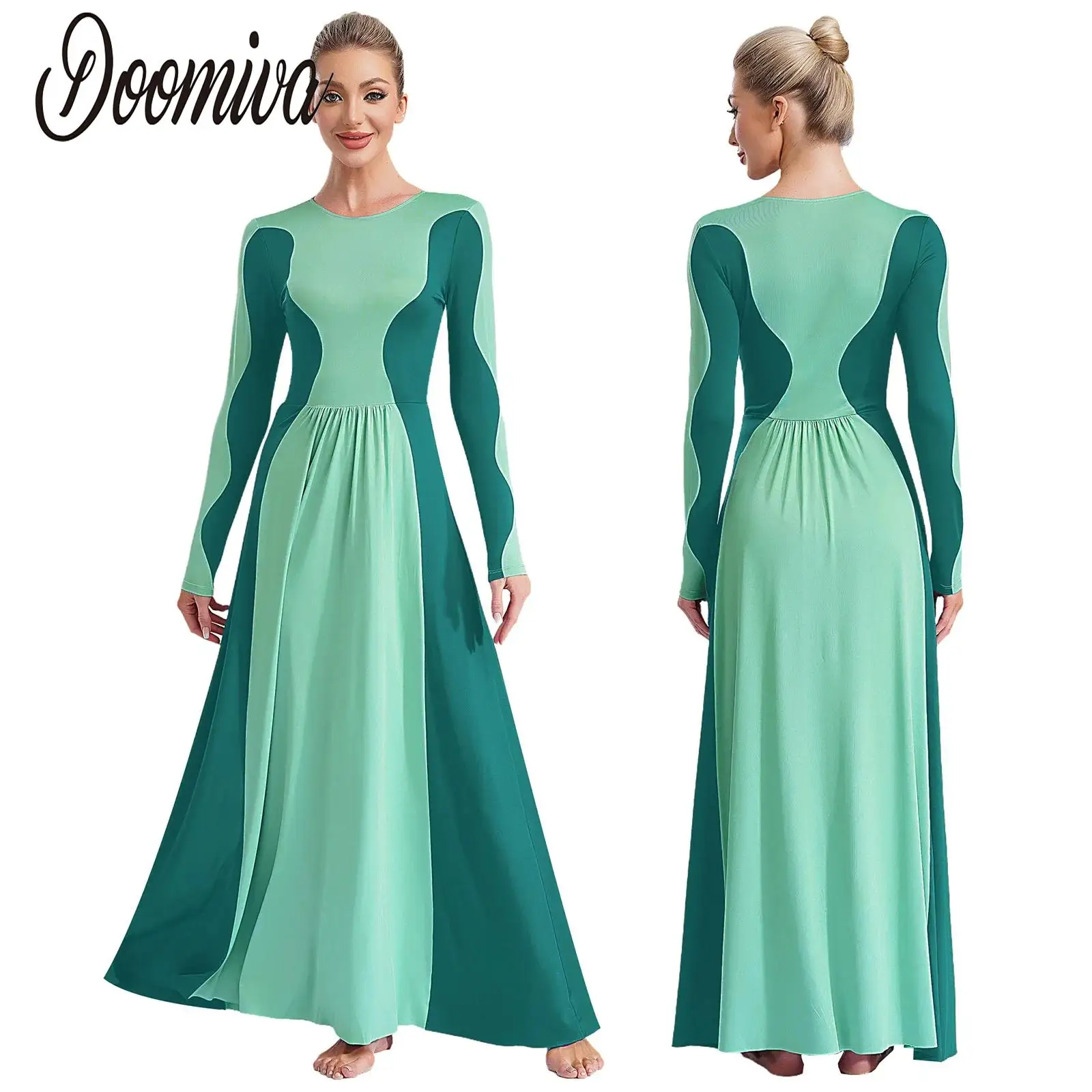 

Women's Lyrical Dance Dress Performance Long Sleeve Color Block Patchwork Praise Dance Choir Robe Liturgical Worship Dresses