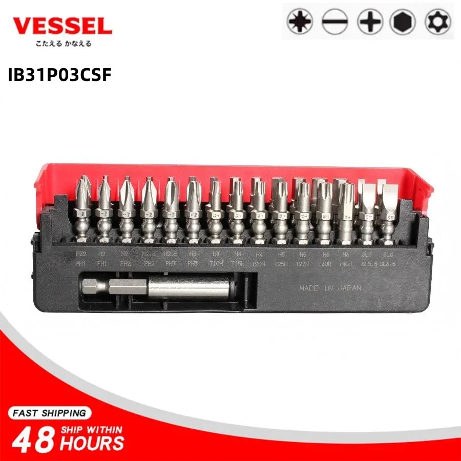 VESSEL IB31P03CSF Screwdriver Bit Set 31 pcs Impact Ball Torx Bits Magnetic Extension Bit with Sliding Case Screwdriver Set