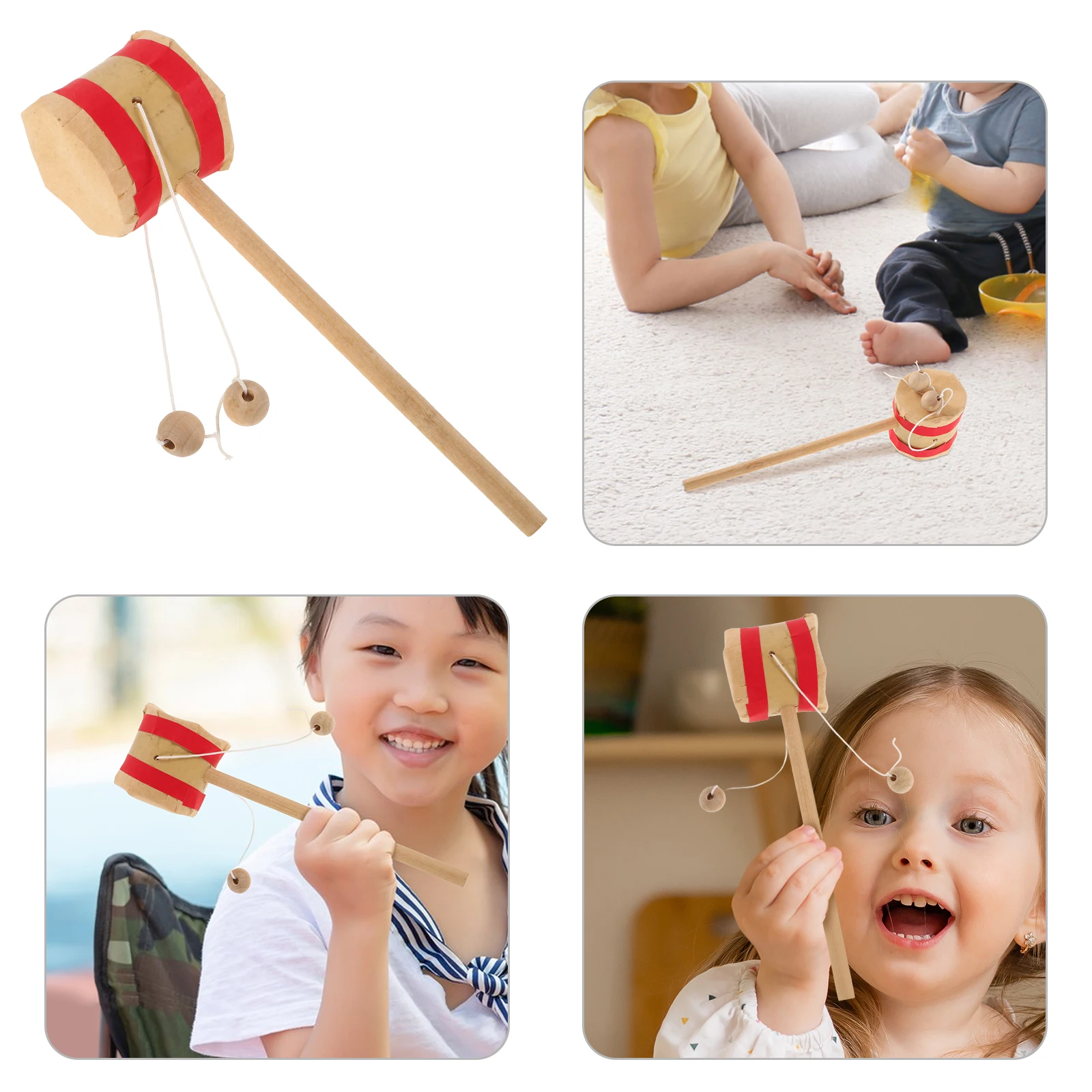 

1pcs Rattle Drum Natural Wood Handcrafted Musical Instrument Baby Sensory Development Spinning Drum Toys Montessori Beige