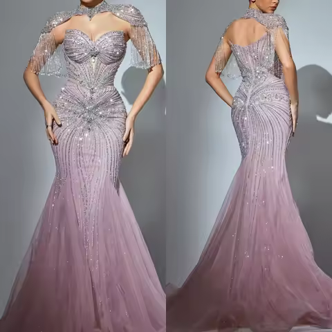 Noble Mermaid Evening Dress Tulle Train Sweetheart Appliques Beads Tassel Handmade Long Formal Prom Party Gown Customized