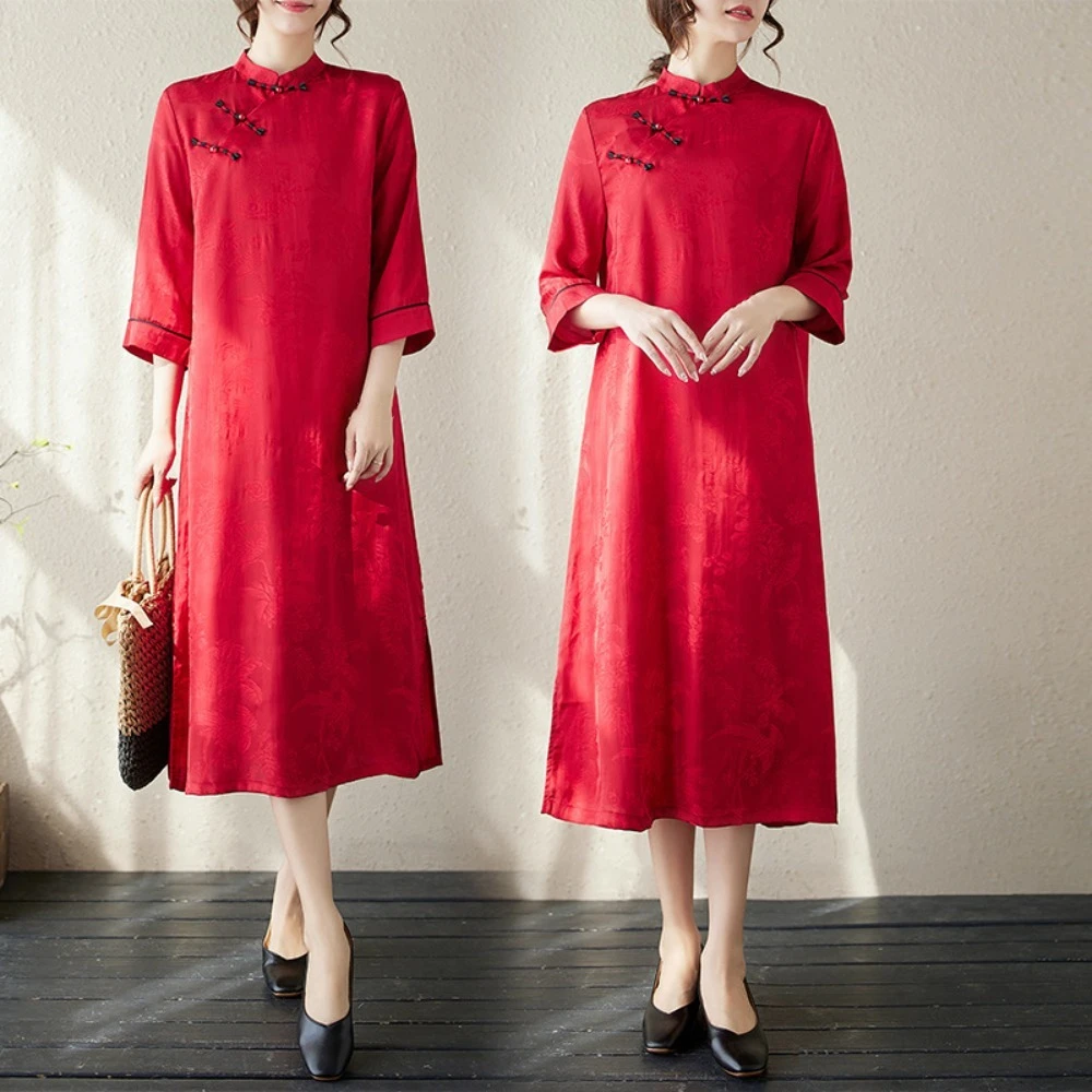 

Floral Vintage Robe Dresses Plate Buckle Diagonal Buckle Chinese Style Dresses Cotton Linen Solid Color Jacquard Cheongsam Women