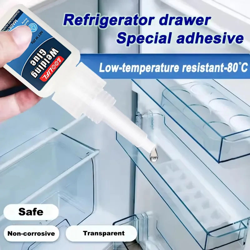 Loolifl Welding Glue Special Adhesive for Refrigerator Drawers, -80 ° C Low-Temperature Weather-Resistant Transparent Repair Adhesive, Safe and Non-Corrosive Transparent Plastic Adhesive, Suitable for Refrigerator Drawers and Containers, Multi-Purpose Acrylic Plastic Repair Adhesive for Household Use, Strong Adhesive Waterproof Invisible Glue, Suitable for Use in Cold Environments.