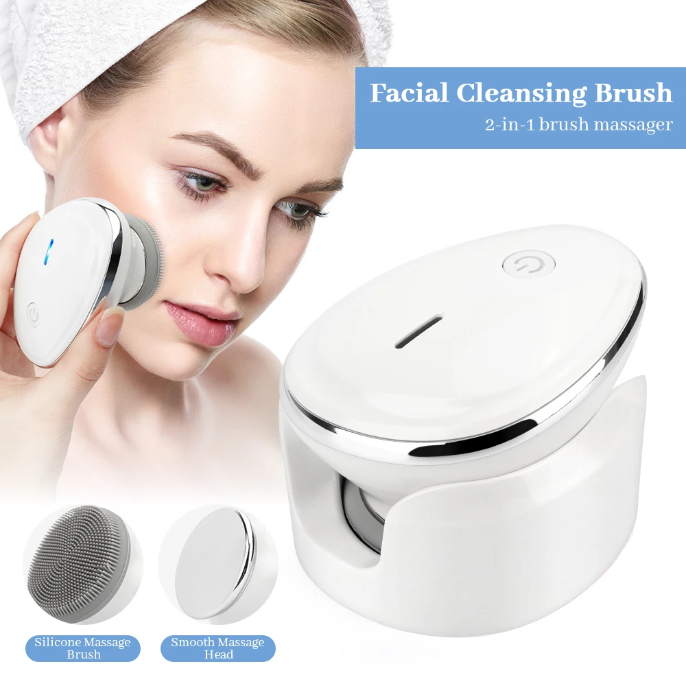 2 in 1 Powered Facial Cleansing Brush Device Sonic Vibration Heated Massager Face Brushes Deep Cleaning Electric Face Cleanser