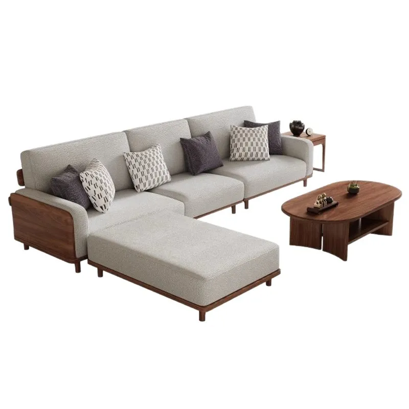 

Chinese straight row wooden sofa, all solid wood sofa, simple modern living room, fabric concubine, small apartment, minimalist