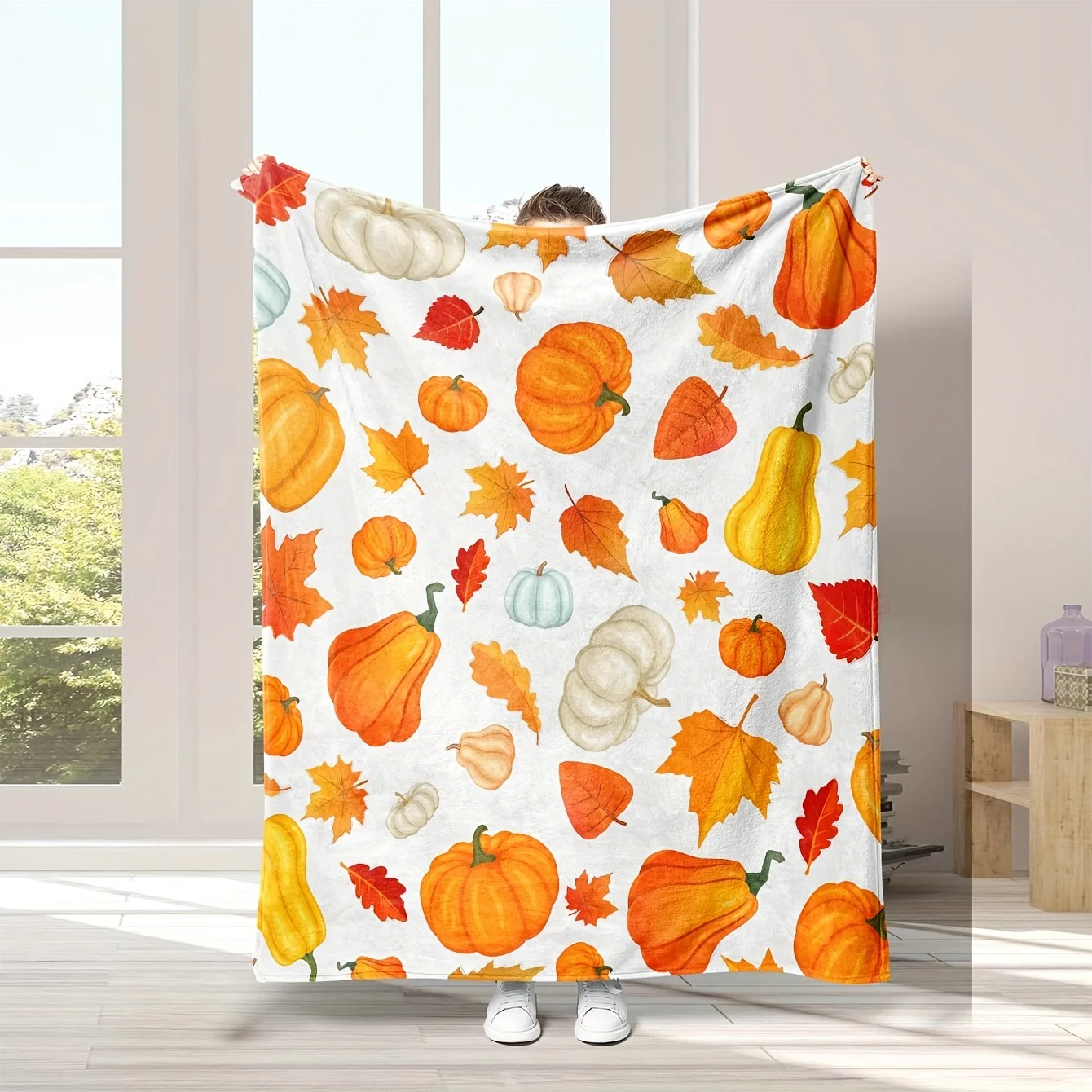 Cozy Autumn Maple Leaf & Pumpkin Flannel Throw Blanket - Soft, Skin-Friendly, Anti-Pill for Couch,, Office, and Outdoor Use - Pe