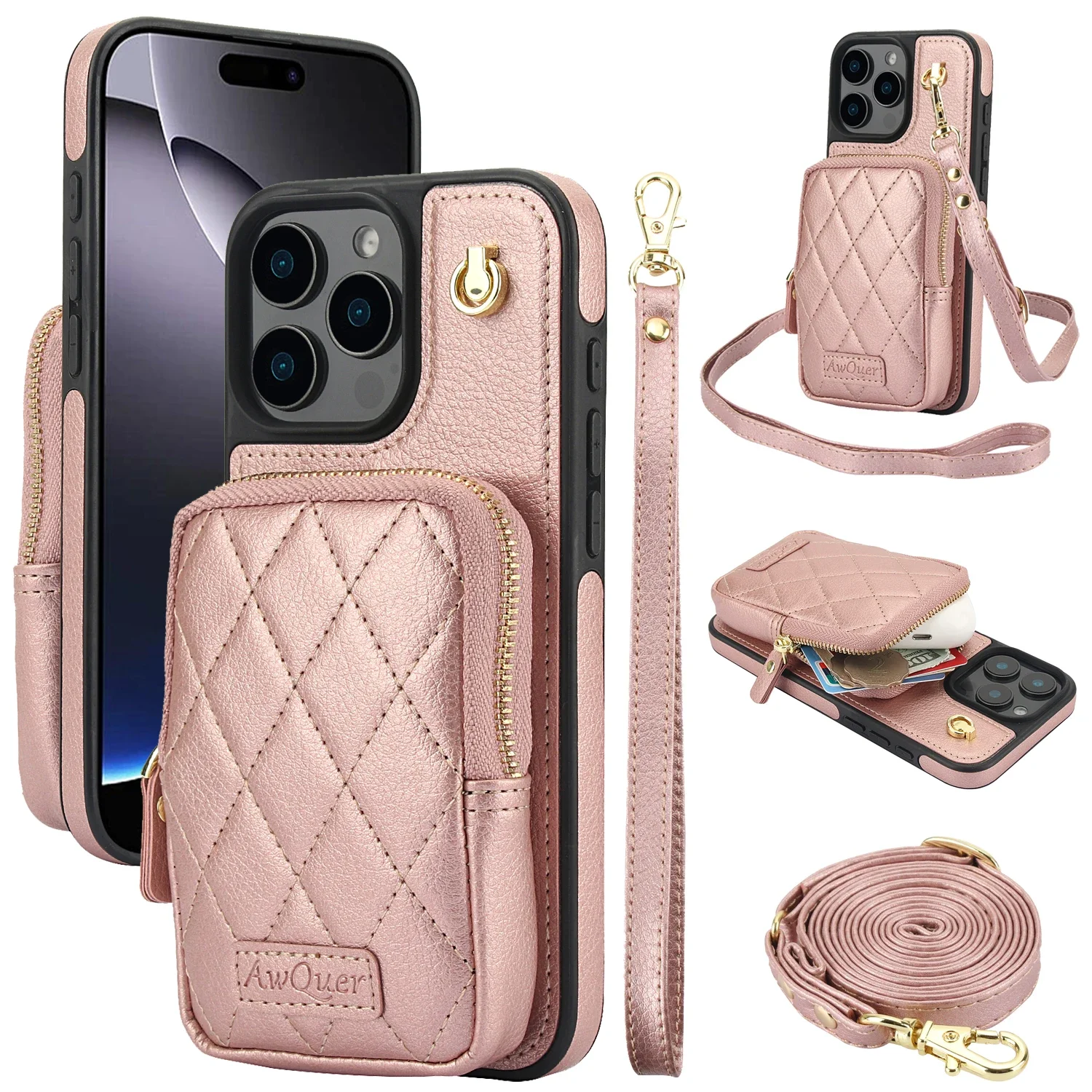 Zipper Cards Solt Leather Wallet Crossbody Lanyard Case For iPhone 16 Pro Max 14 15 13 12 11 14Plus Pocket Bag Hand Strap Cover