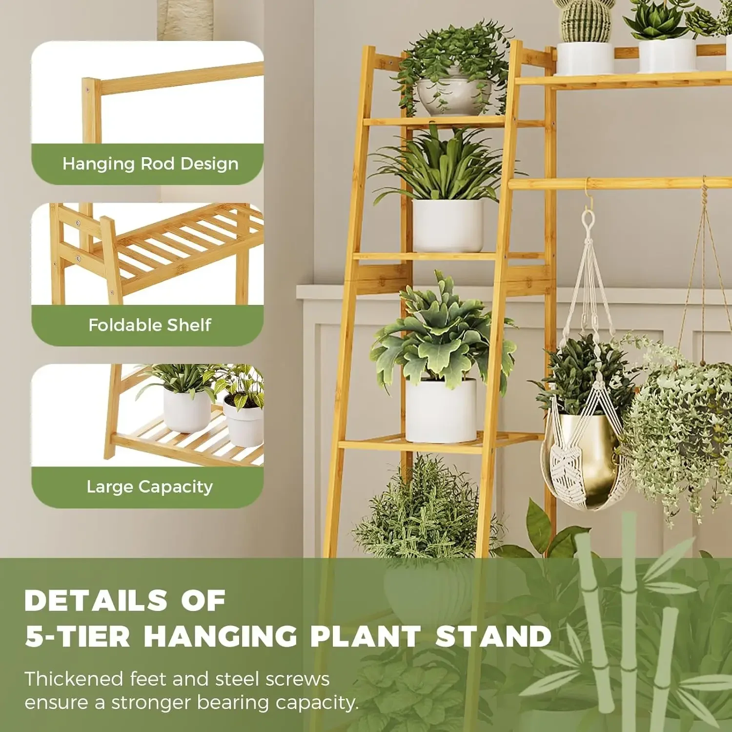 吊り下げ植物スタンド屋内、複数の植物用の竹製大型植物棚、窓ガルド用の背の高いラダーコートフラワーラック