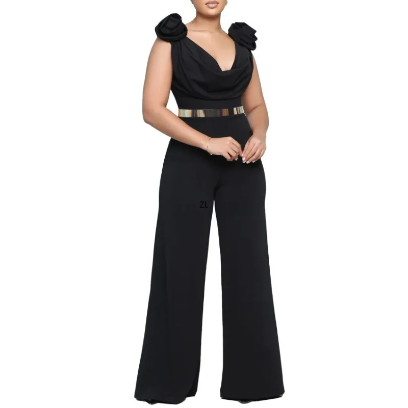 

Solid Jumpsuit Women Summer 2024 Casual V-Neck Sleeveless Loose Fashion Streetwear Overalls Wide Leg Pants Trousers And Belt