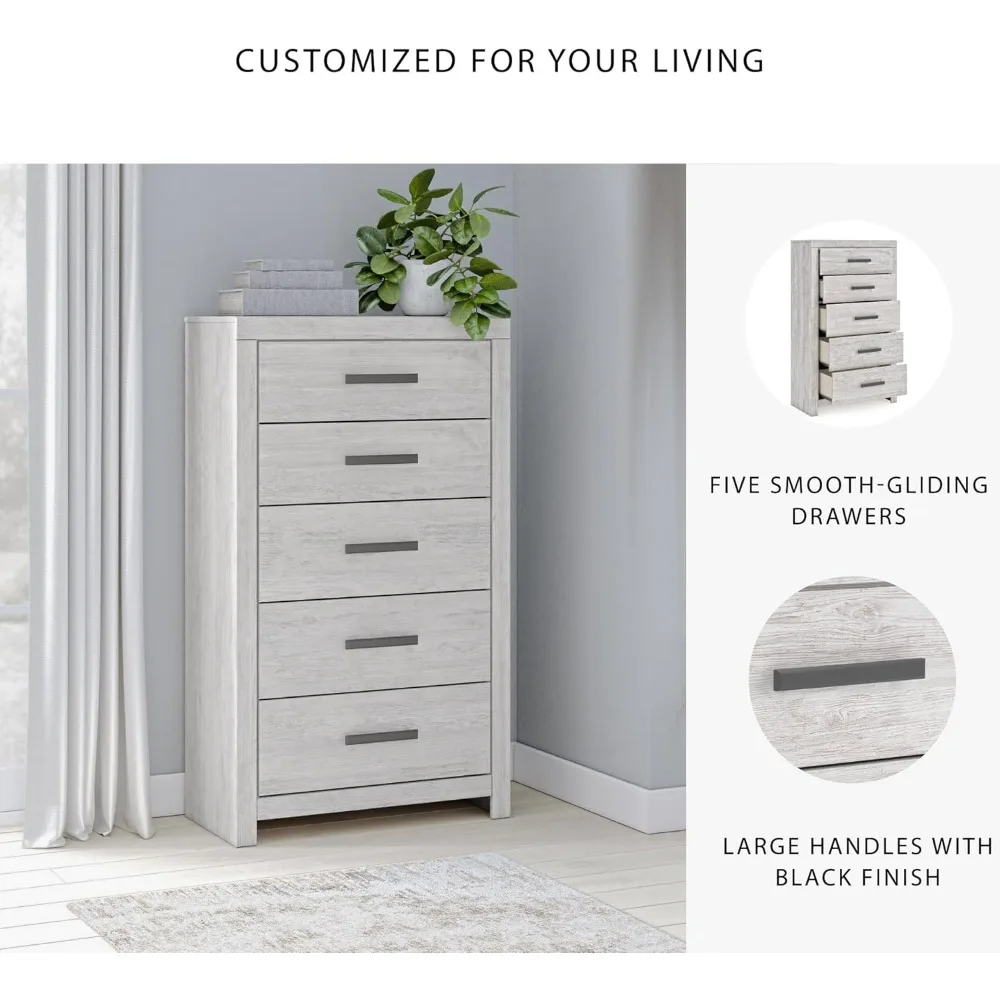 خزانة واسعة ذات 5 أدراج على الطراز العتيق مع آلية أمان لغرفة النوم، باللون الأبيض