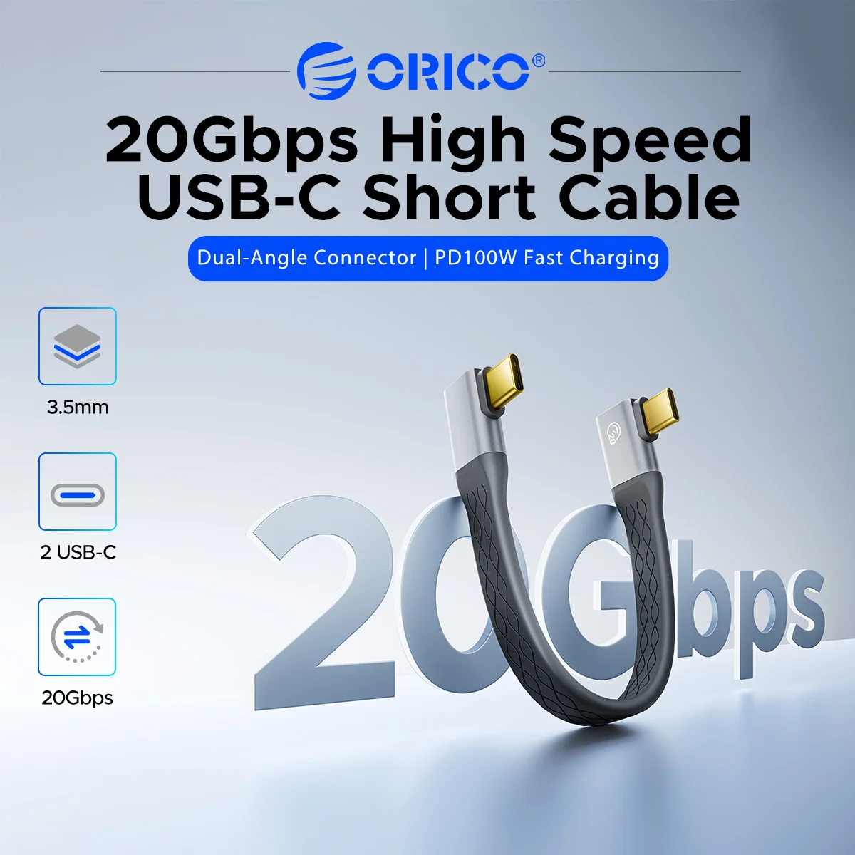 ORICO US20 0.15M Dual Angle USB C to USB C Cable 20Gbps PD100W Fast Charging E-Marker Chip Short Data Cord for M.2 SSD Enclosure