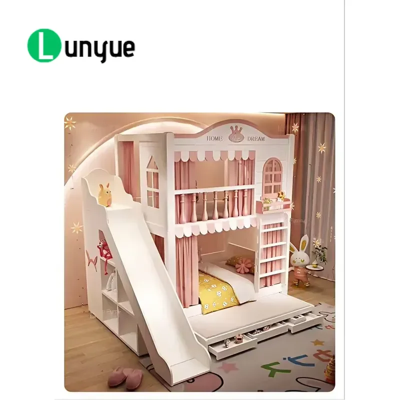 Modern Girl Style Bunk Castle Bed with Storage Slides Solid Wood Comfortable for Home Hotel Use