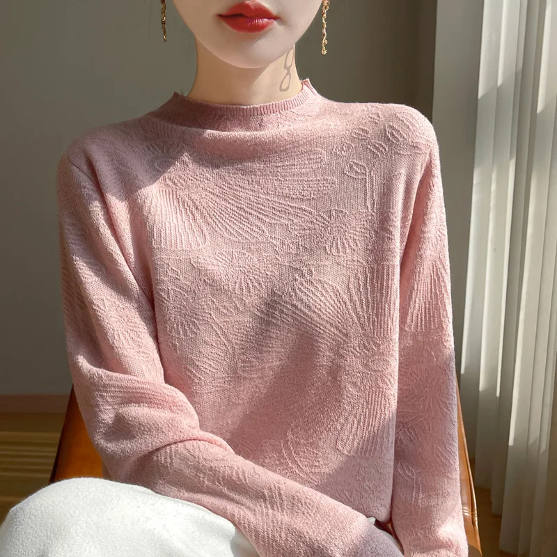 

Женская осенне-зимняя трикотажная рубашка с длинными рукавами и полувысоким воротником с 3D вырезами, модная теплая универсальная базовая рубашка, мягкий топ