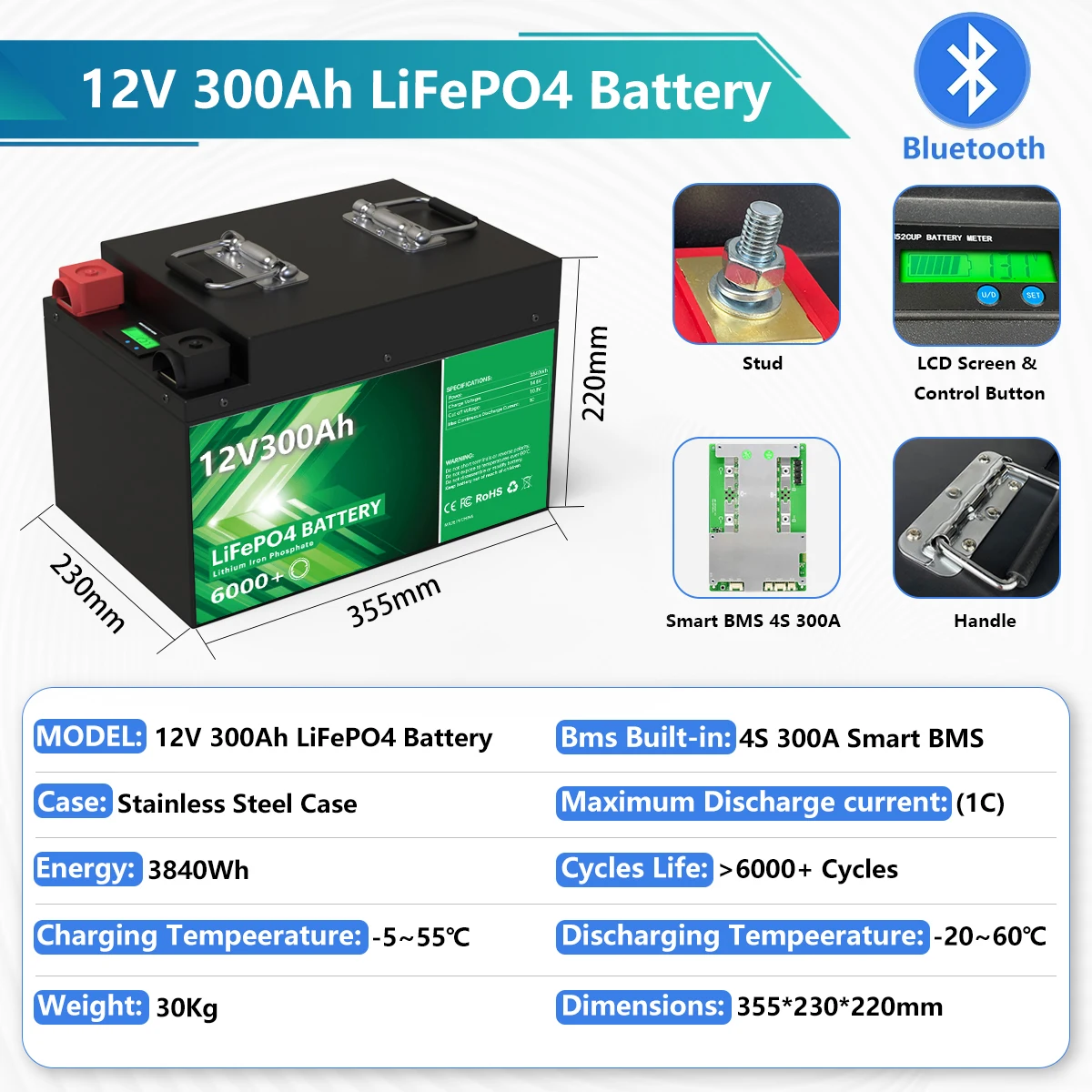 12V 300Ah LiFePO4 Batterie 3,8 kWh 6000 Zyklen Bluetooth 200A BMS 12,8V 140Ah 200Ah Lithium-Batterie für Heim-Solarenergie EU-Lagerbestand – Detail 2