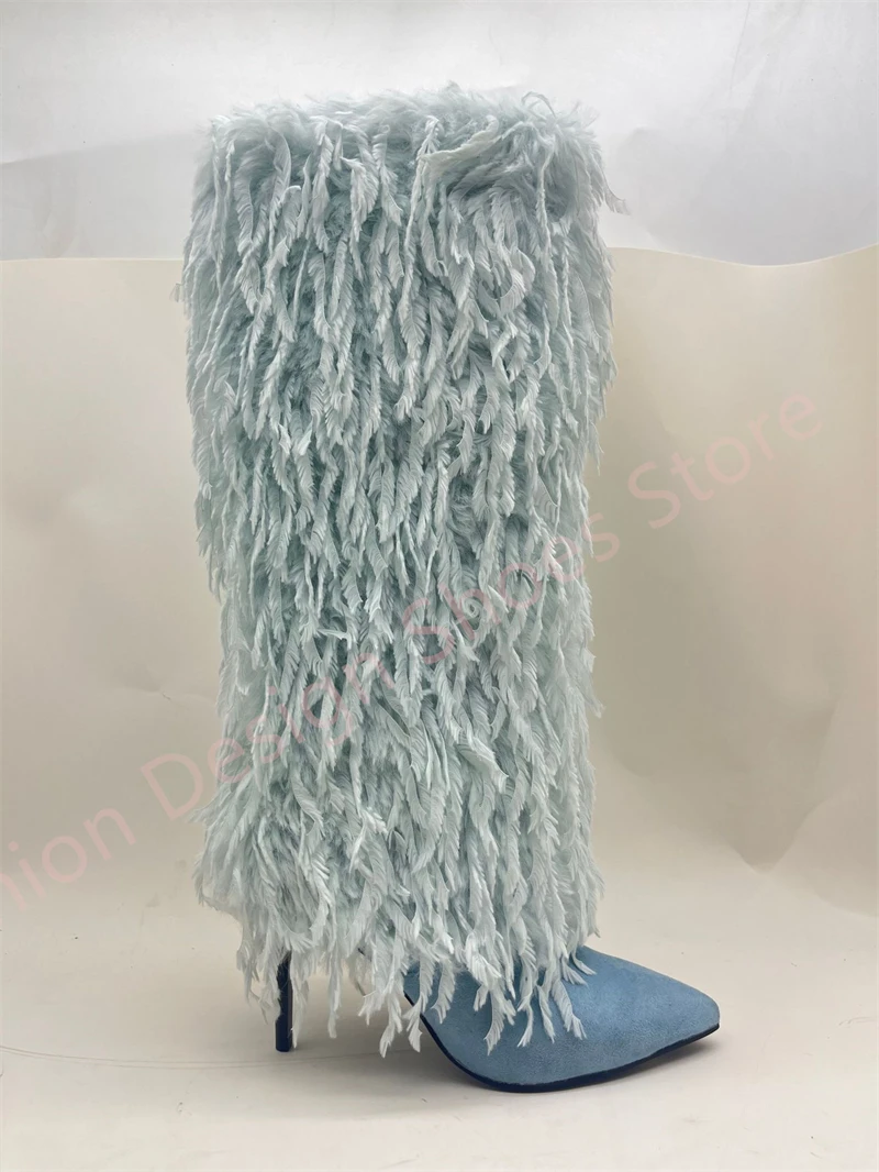 

Long Tassel Fur Knee High Women Boots Thin High Heels Point Toe blue Denim Warm Winter Shoes Woman
