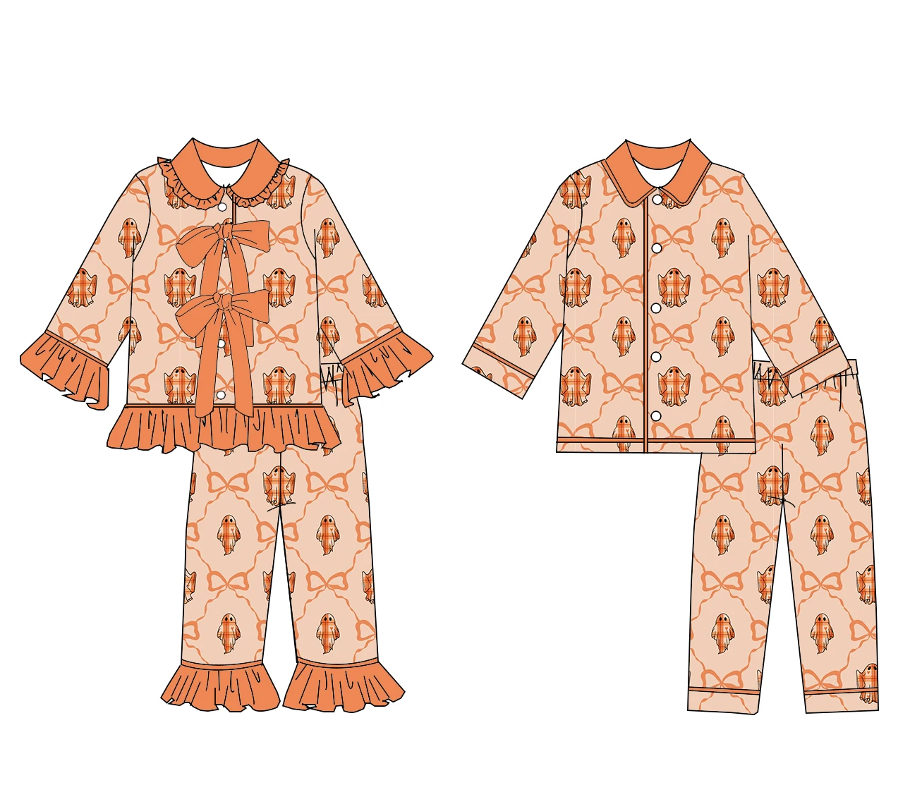Boutique Wholesale Halloween Children's Clothing Spooky Pumpkin Print Ruffle Pants Boy Girls Suit Night Wear Kids Clothes Kids S