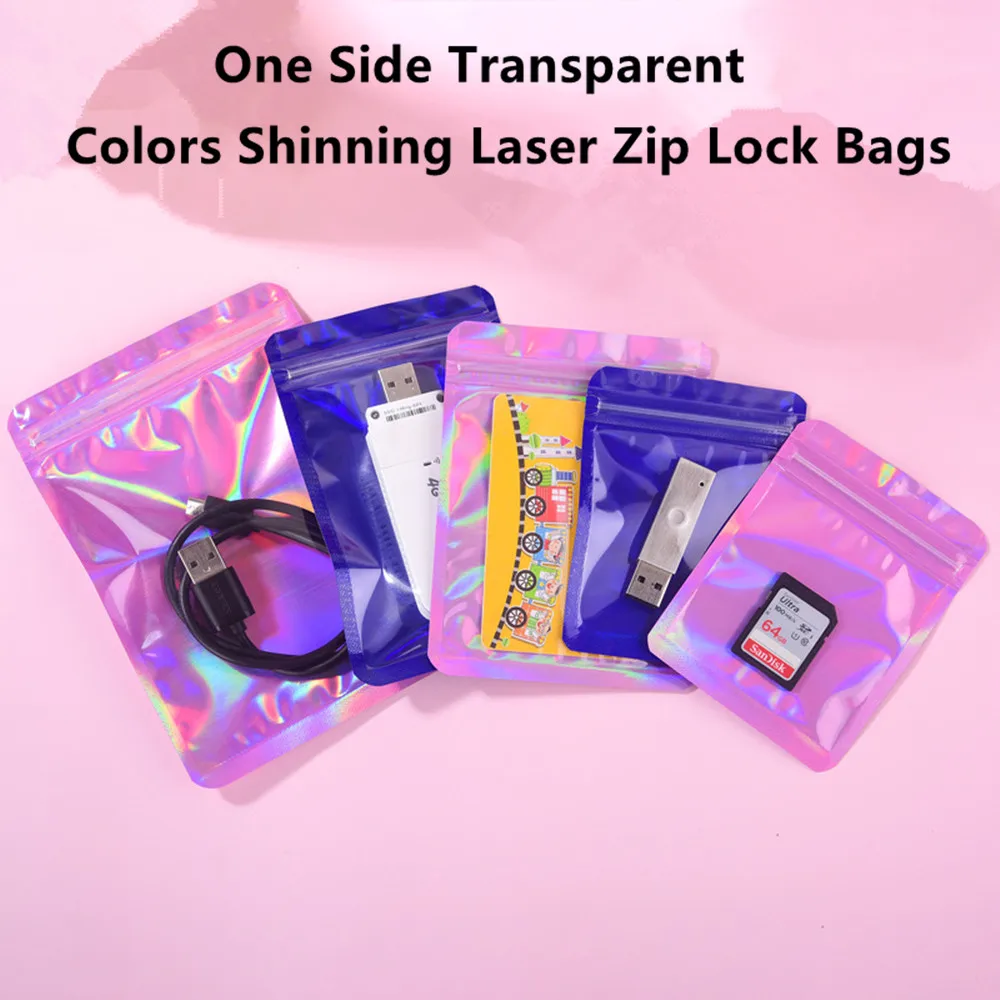 100pcs Shiny Laser Reflection Self-Sealing Bags in Pink or Blue Color, Front Clear Zip Pouches Durable for Cosmetics/Electronics