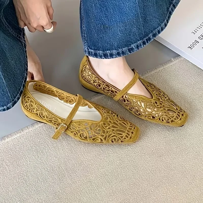 Damen Mary Jane Flats mit Hohlmuster, Quadratischer Zehenpartie, Einzelriemen und Schnalle, Atmungsaktive Sommer-Freizeitschuhe, Ballerinas – Detail 5