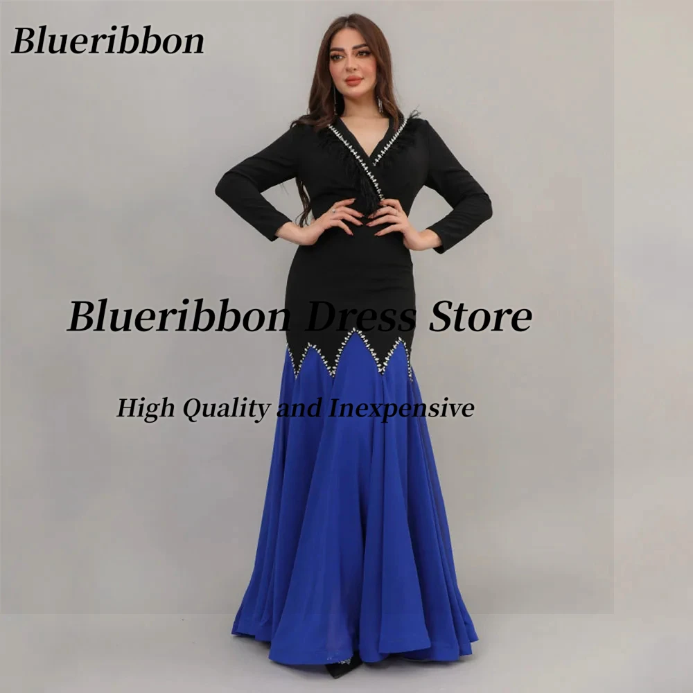 

Blueribbon Customized Contrast Color Prom Dresses V Neck Feathers Crystals Evening Gowns Long Sleeves Wedding Party Saudi Dress
