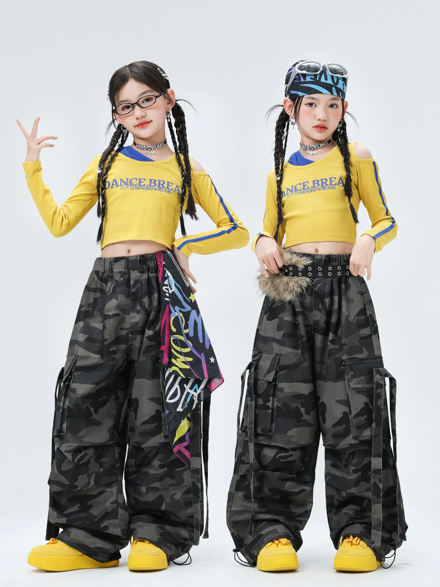 Girls Green Off-Shoulder Hip Hop Crop Top with Street Dance Jeans And Denim Skirts Set Kids' Streetwear Group Dance Clothing