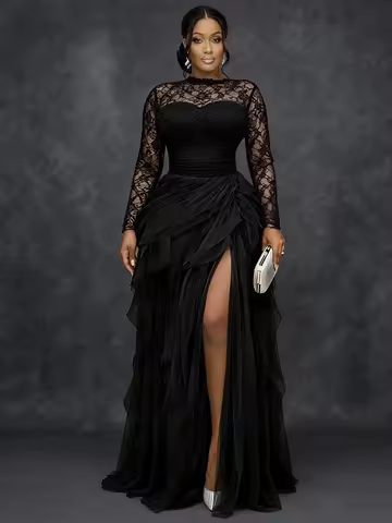 Elegant Lace Mesh Formal Evening Dress for Women's Plus Size Splice Hollow Out Split Hem Layer High Waist Cocktail Elegant Dress