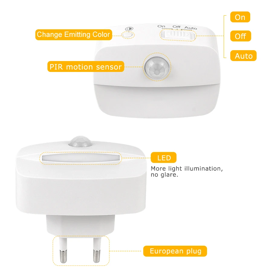 Motion Sensor LED Night Light, EU Plug, Mini luzes noturnas para casa, quarto, corredor, iluminação Escada, WC, lâmpada de cabeceira, 220V