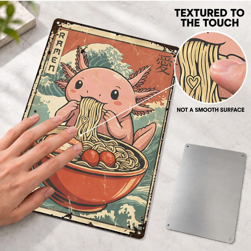 Retro Ramen Axolotl Japanese Food Kawaii Printed Poster Bold Design Cafe Wall Art Customized Aluminum Metal Sign Birthday Gift