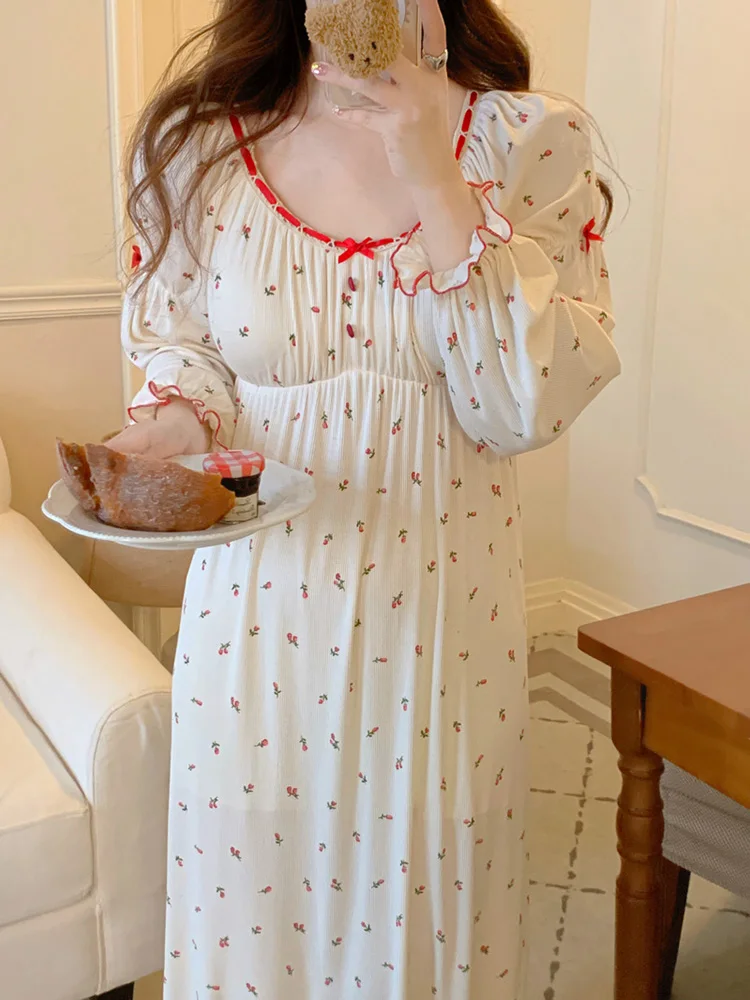 New Simple Sweet Princess Print Flowers Rose Girlish Style Long Sleeve NightDress Women Lace Kawaii Elegant Loose Sleepwear Ins