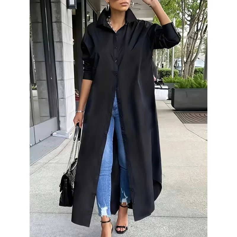 

Женская новая осенняя модная однотонная рубашка больших размеров с лацканами и пуговицами, повседневная удобная универсальная длинная рубашка