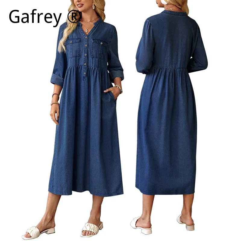 

2026 New Arrival Plus Size 3XL Denim Dress Stand Collar Button Front Long Sleeve Maxi Jean Dress for Women Casual Fall Outfits