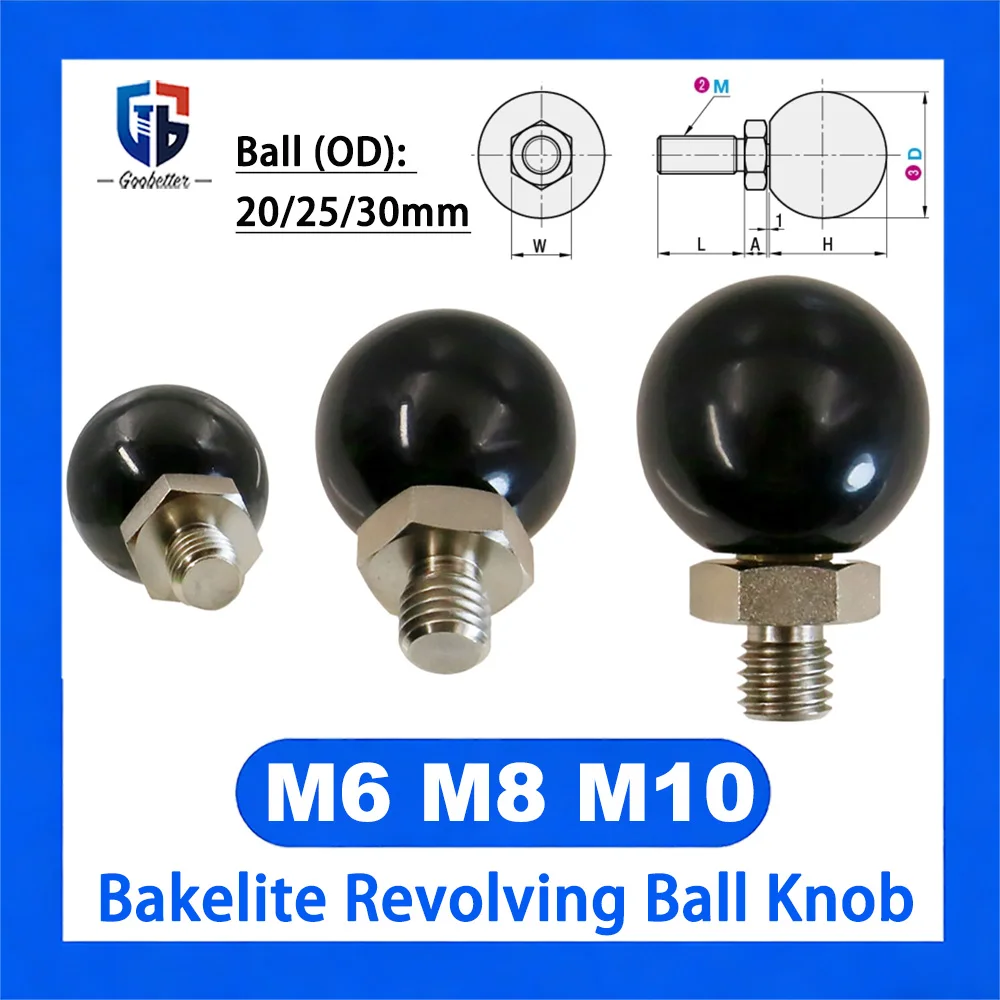 

1Pcs M6 M8 M10 Black Bakelite Revolving OD 20mm 25mm 30mm Ball Knob Rotating Grip Ball Male Thread Type Machine Handle SS400
