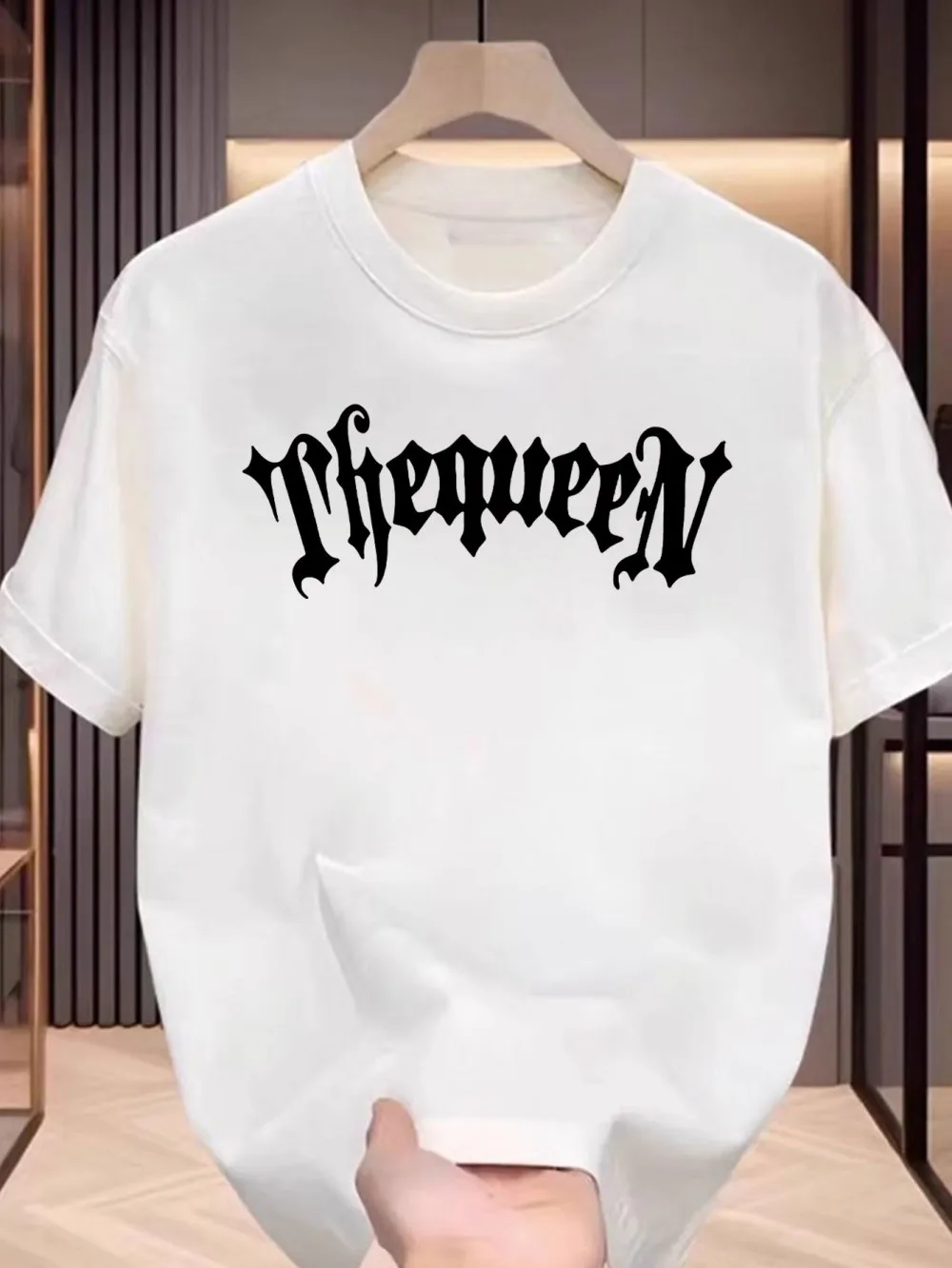 New trendy men's Gothic letter printed micro elastic comfortable round neck Thsirt outdoor casual photography top