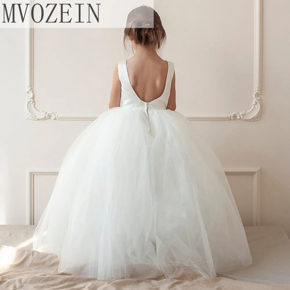 A Line Satin Flower Girl Dress Ivory Girl Wedding Party Tulle Girls Cute Ball Gown Backless Zip up Elegant Princess Dresses