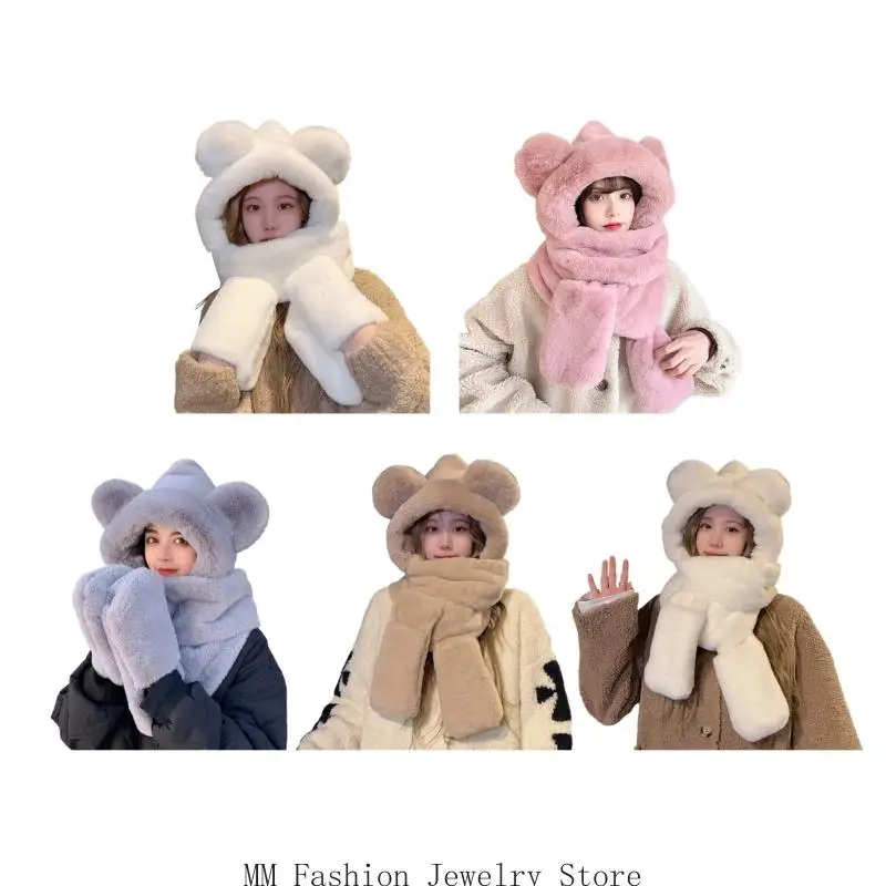 

D0UB теплые перчатки с медведем, шарф, теплая шапка-траппер для катания на лыжах, скейтборде, толстая ветрозащитная шапка-ушанка