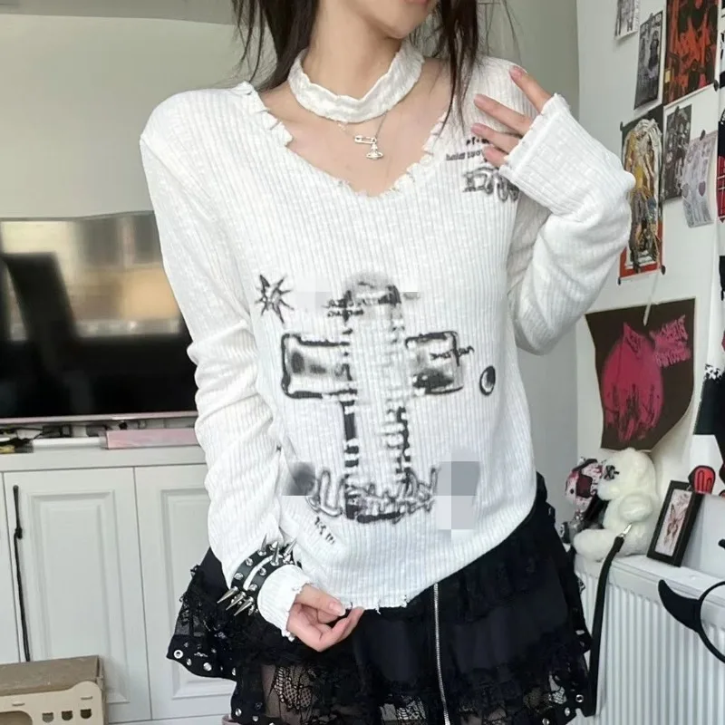 Spring 2024 New Punk Subculture Long Sleeve Shirts American Retro Women White Y2k Blouse Gothic Grunge Harajuku Vintage Tops