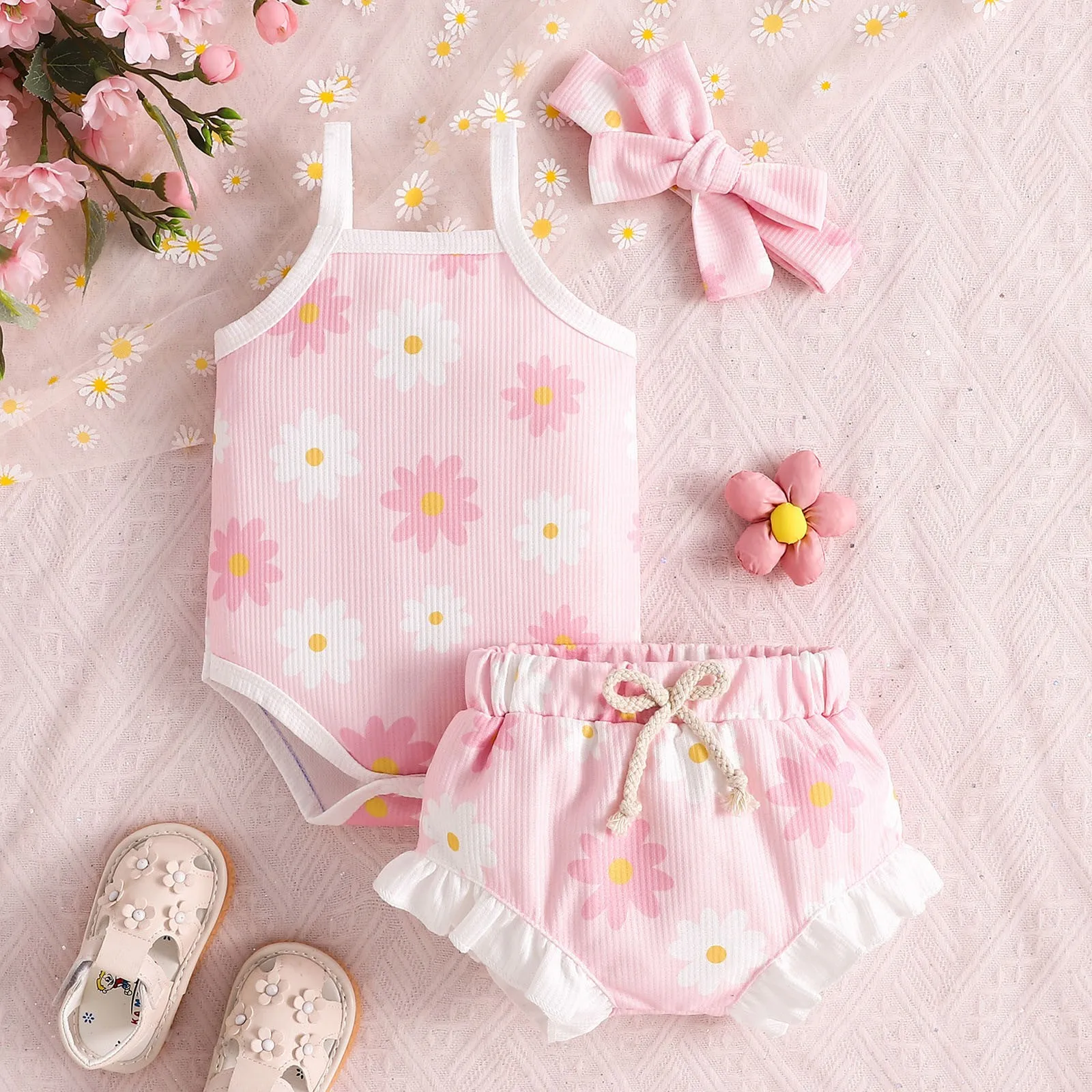 0-24Months Newborn Baby Girls Summer Clothes Sets Sleeveless Ruffles Ribbed Romper Bodysuit Print Shorts Headband Infant Outfits