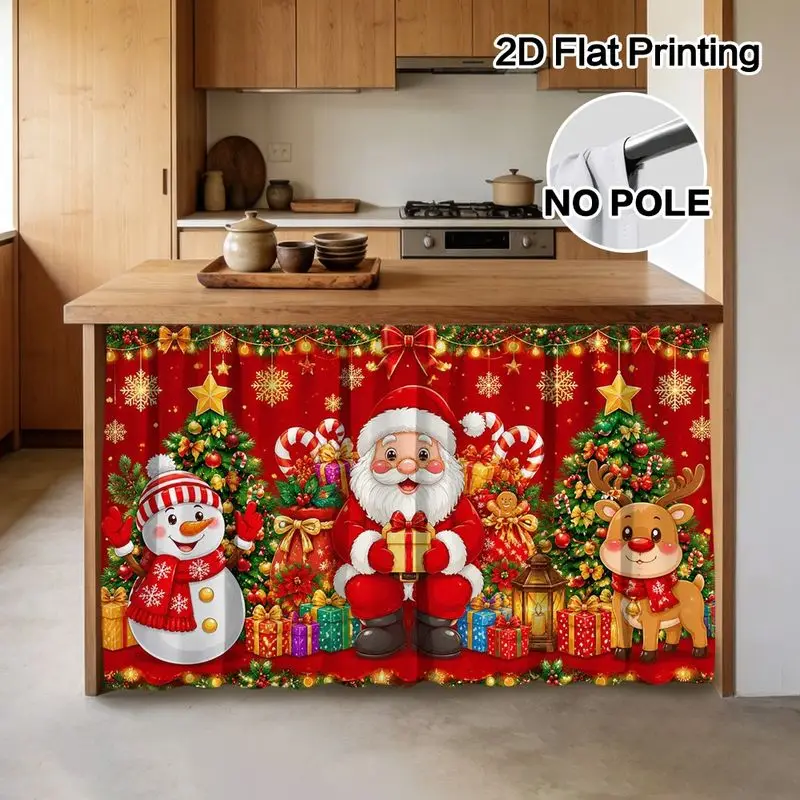 VIKAMA Christmas Cabinet Curtain Santa Snowman Reindeer Gift Print Shelf Cover Kitchen Sink Curtain No Pole 2D Flat Holiday