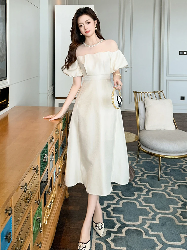ฤดูร้อนหรูหราชุดราตรีชุดเสื้อผ้าผู้หญิง Retro Chic Sheer เซ็กซี่พัฟแขน Slim Midi Robe Party วันเกิด Vestidos