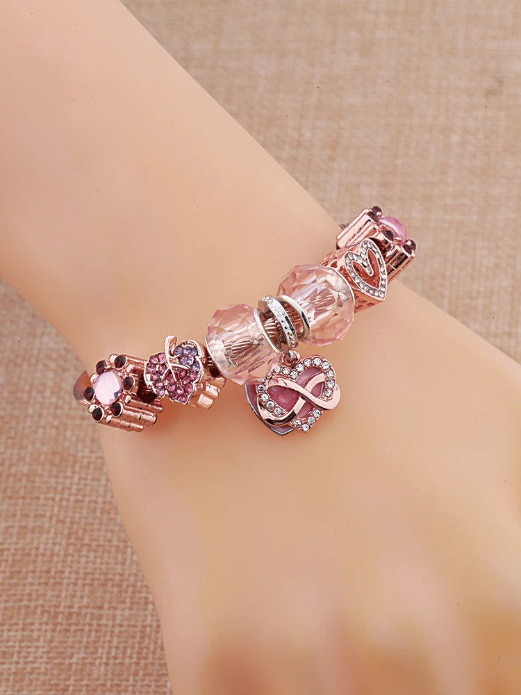 Romantic Pink Heart Stainless Steel Charm Bracelet Rose Gold Color Leaf Flower Bead BangleS Resizable Jewelry