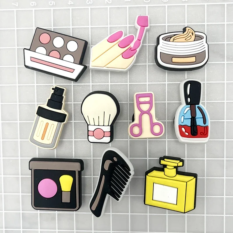 1Pcs Cartoon Cosmetics PVC Shoe Charms Powder Puff Glitter Design Upper Decorations Accessories Clogs Pins Buckle