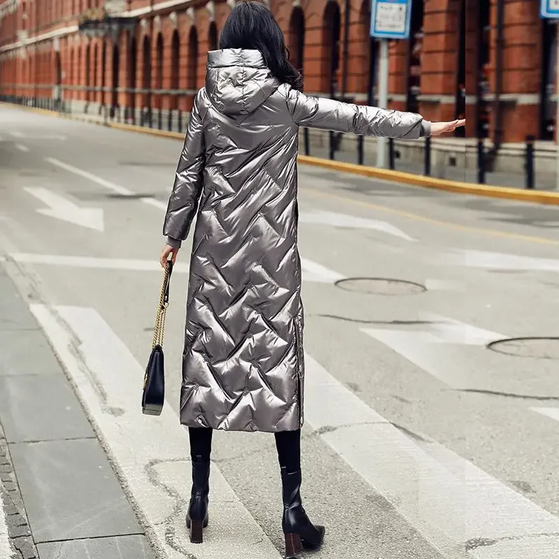 Mantel katun wanita, jaket hitam terang muka tempramen, mantel bertudung bertali tebal musim dingin baru 2023