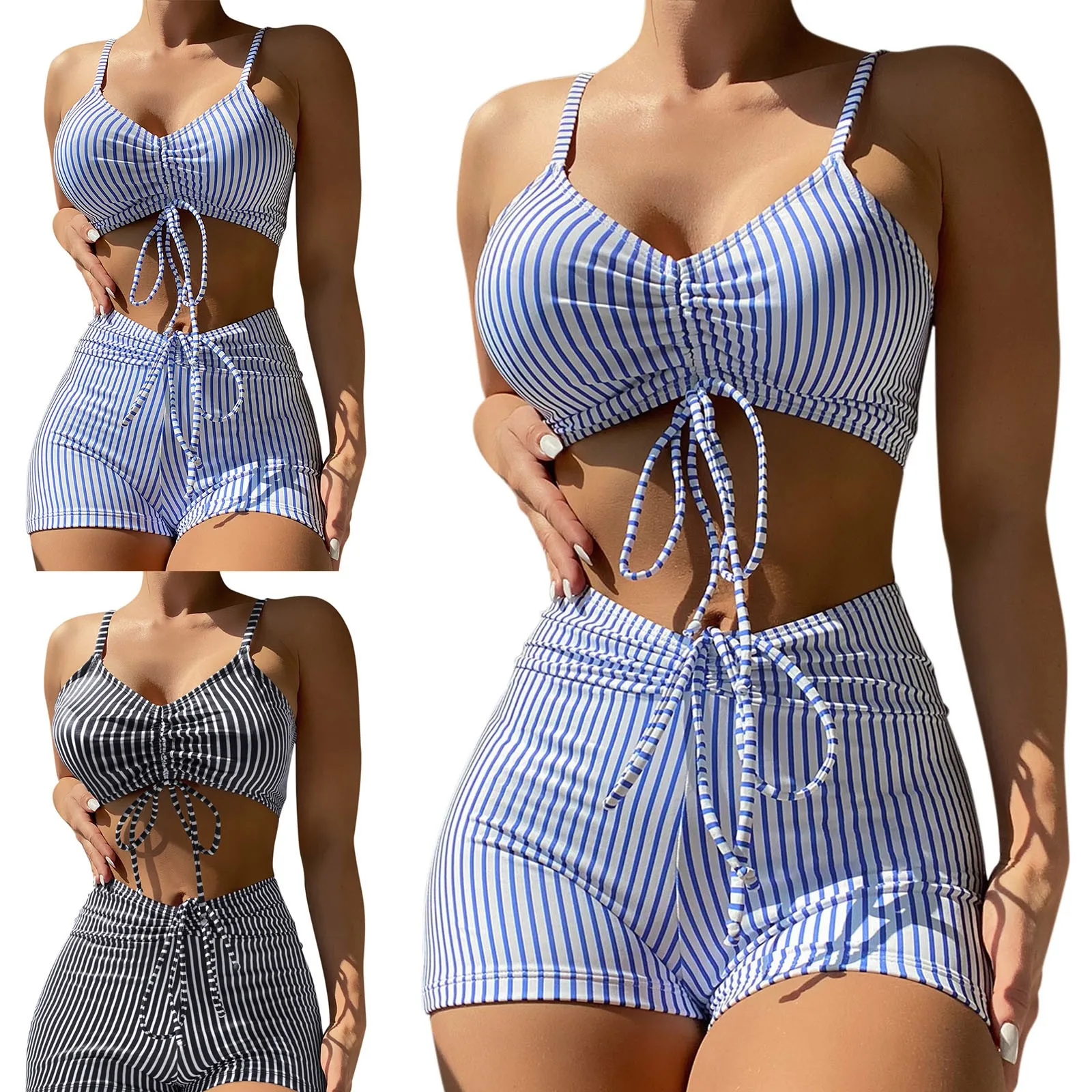 

2023 Women's Split Swimsuit Blue Black Striped Bikini Suit Swimsuit Two Piece Suit