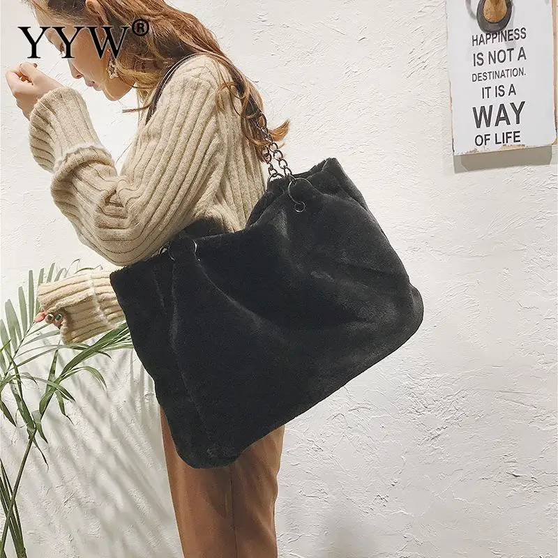 Female Winter Faux Fur Plush Tote Bag Women'S Bag Designer Large Capacity Luxury Handbag Shoulder Bag Purses Female Satchel Bags
